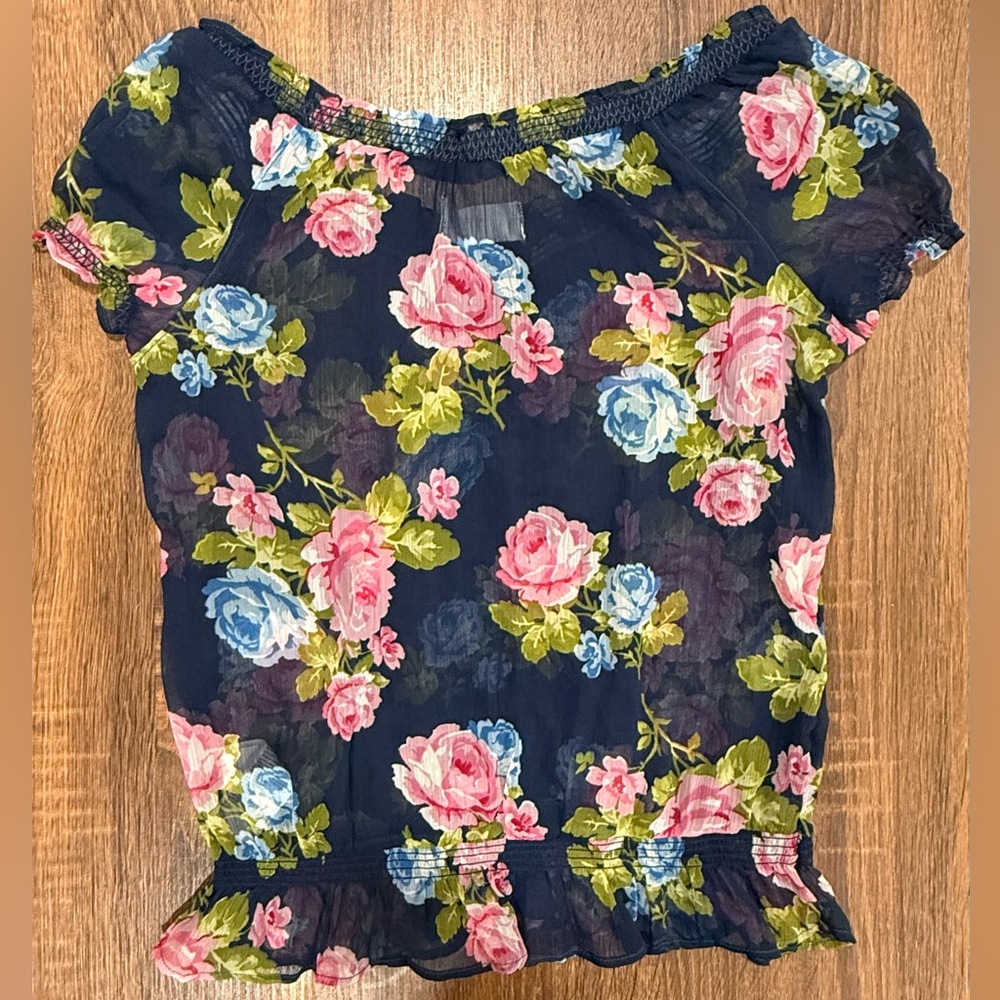 Y2K Abercrombie & Fitch Sheer Floral Short Sleeve Blouse Large Vintage Navy Blue - Picture 5 of 5